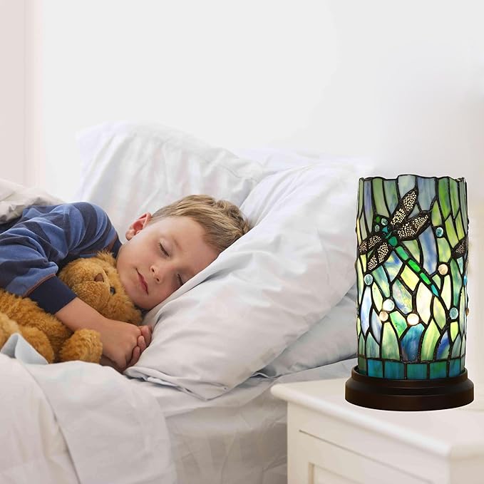 Tiffany Style Table Lamp for Bedroom Baroque Stained Glass Nightstand Bedside Night Lamp Party Light Hand-Made Art Home Deco Christmas Gifts W/ 2 LED Bulbs (3 Color Temperatures+Flame Bulb)