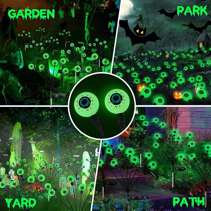 YIQU 4 Pack Solar Halloween Lights Outdoor, Solar Eyeball Lights, 24 LED Green Eyeball Swaying Light with 2 Lighting Modes, Waterproof Outdoor Halloween Decorations for Walkway Yard Lawn Horror Party