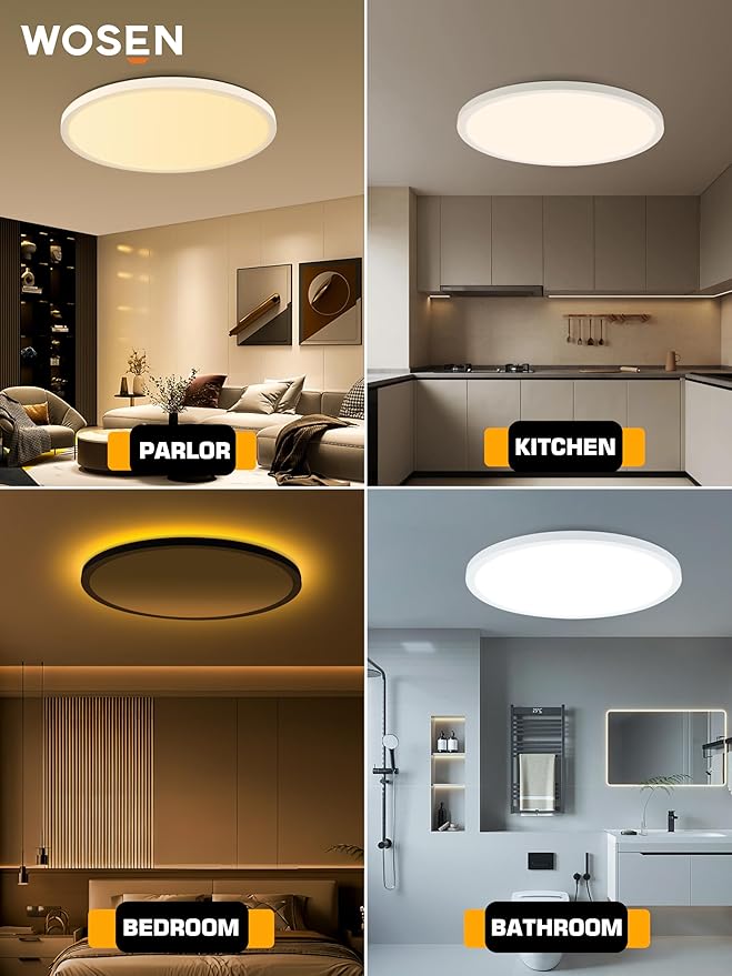 6 Pack 12 Inch LED Flush Mount Ceiling Light with Night Light 2000K, 3000K-6000K 5 Color Temperature 24W 2400LM Ultra-Slim Ceiling Light Fixture with Remote, Round Ceiling Lights for Bedroom, Kitchen