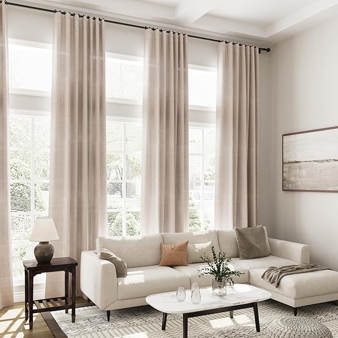 Oatmeal Linen Curtains 120 Inch Extra Long for Living Room Back Tab Light Filtering Semi Sheer Drapes Modern Farmhouse Boho Decor Cotton Textured Curtain for Floor to Ceiling High Window 52x120