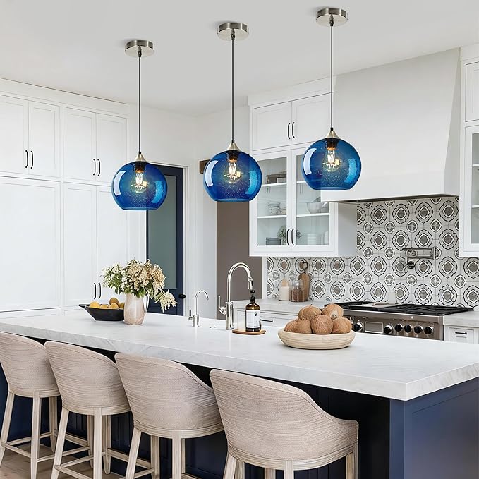 7.1in Medium Blue Glass Pendant Light for Kitchen Island, 3-Pack with Extra LED Bulbs & 4.92ft Adjustable Cord | Modern Minimalist Lighting for Dining Room, Living Room, Entryway