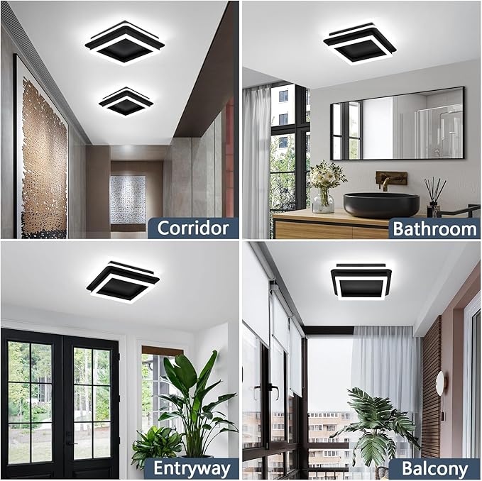CANEOE 3 Packs Square Flush Mount Ceiling Light, 6000K Black Modern LED Ceiling Light Fixture, Minimalist Hallway Lighting Fixture Ceiling Lamp for Hallway Entryway Bedroom Balcony (All Black)