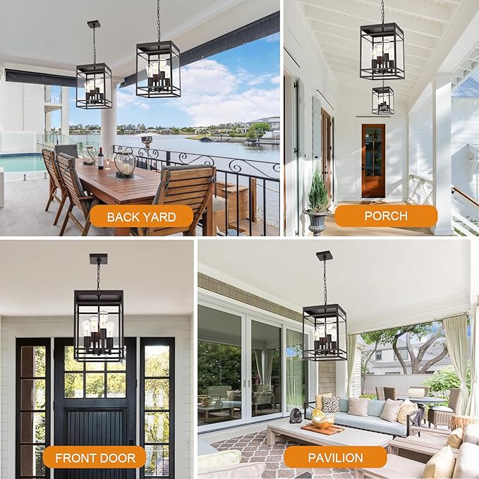 VINLUZ 4-Light 16" Outdoor Pendant Light with Adjustable Chain, Oil Rubbed Bronze Outdoor Hanging Light Fixture, Exterior Hanging Lantern Chandelier for Entryway Patio Garden