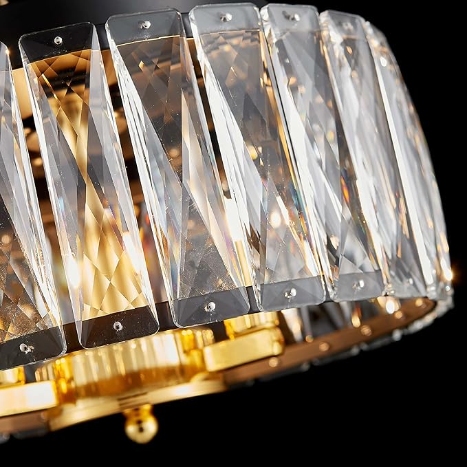 K9 Crystal Ceiling Light, 3-Light Modern Flush Mount Ceiling Light Fixture for Living Room, Dinning Room Hallway, D12 × H6 inch, Black & Gold Finish Frame & K9 Crystal