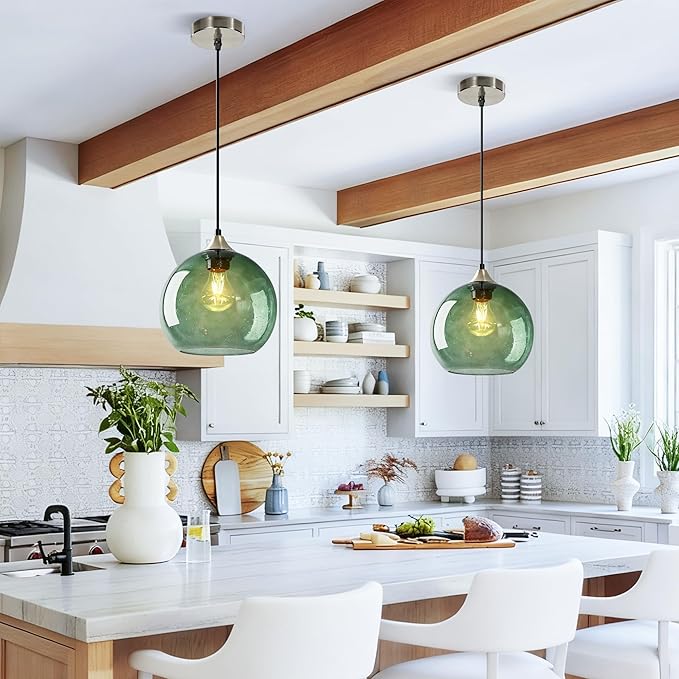 9.1in Large Green Glass Pendant Light for Kitchen Island, 2-Pack with Extra LED Bulbs & 4.92ft Adjustable Cord | Modern Minimalist Lighting for Dining Room, Living Room, Entryway