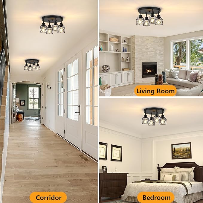 4-Light Kitchen Light Fixtures Ceiling Mount, Adjustable Multi-Directional Black Flush Mount Ceiling Light Fixture, Farmhouse Metal Cage Ceiling Lights for Dining Room Entryway Hallway