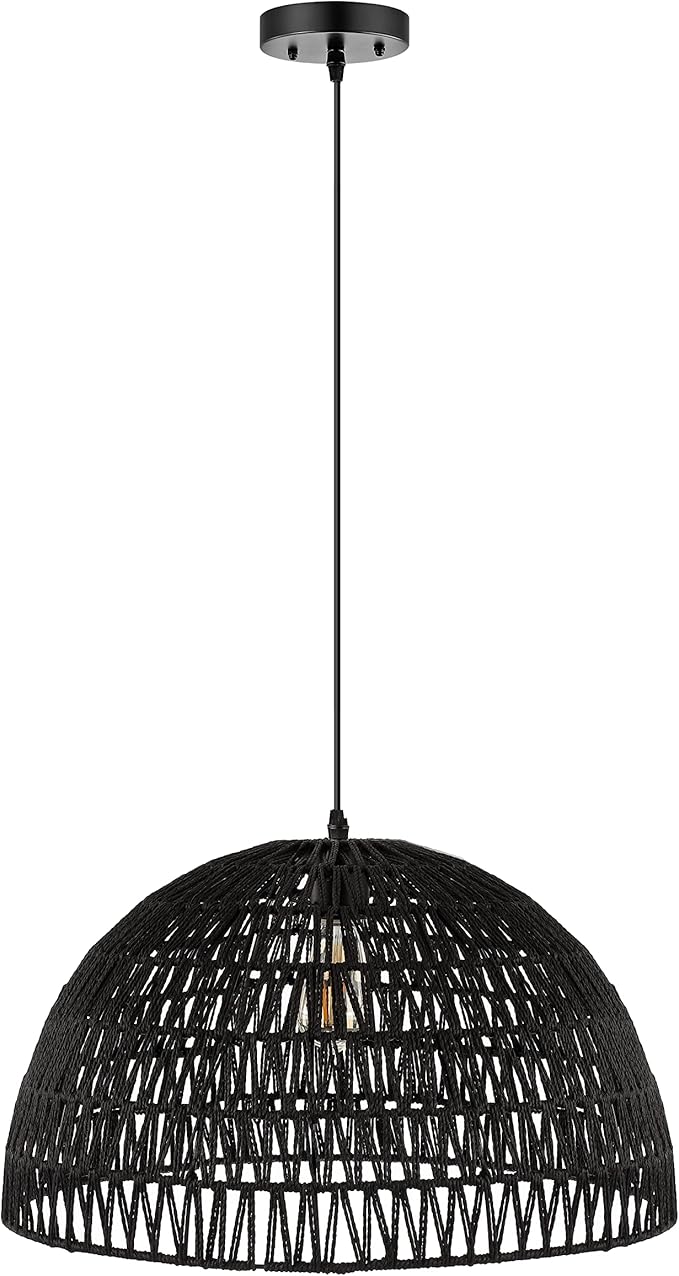 JONATHAN Y 20" Black Modern Bohemian Woven Rope LED Pendant Light Fixture, Adjustable Dome Ceiling Lamp for Kitchen Island, Rope Shade, Coastal Farmhouse Decor (JYL6504C)