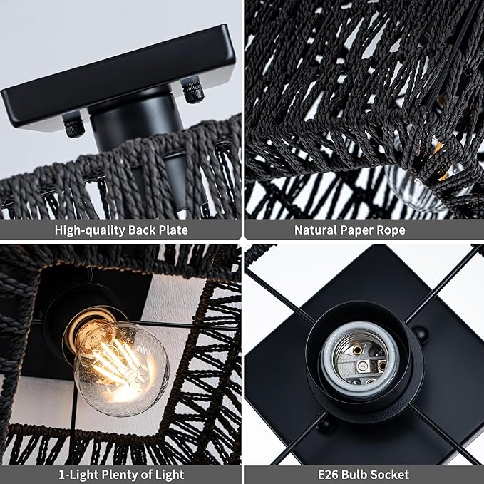 Rattan Ceiling Light, Black Boho Light Fixture, Square Flush Mount Ceiling Light for Bedroom, Hallway, Entryway, Kitchen, Laundry