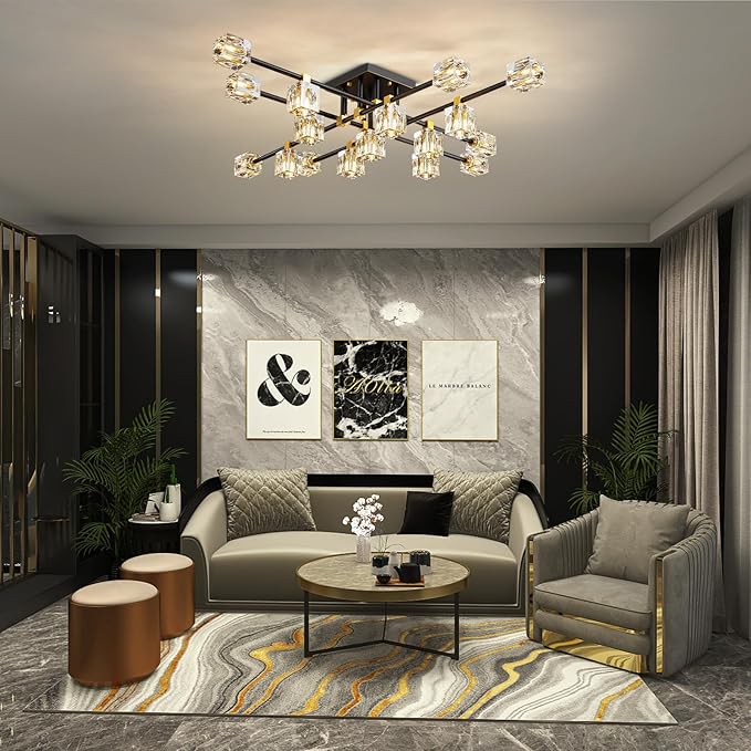 Crystal Sputnik Ceiling Light Fixture,Modern Luxury Black and Gold Chandeliers with 17-Light,Semi Flush Mount Ceiling Light Fixture for Dining Room,Living Room,Kitchen Island,Bedroom.