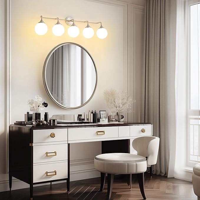 Brushed Nickel Vanity Lights Fixtures, 5-Light Bathroom Vanity Lighting Over Mirror, Modern Bathroom Wall Sconces with Milky White Glass Ball Shades