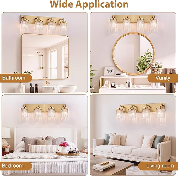 Modern Crystal Bathroom Light Fixtures, 4 Light Gold Vanity Lights, with Crystal Glass Shade, Industrial Bathroom Lighting Fixtures Over Mirror Wall Light for Bedroom Living Room