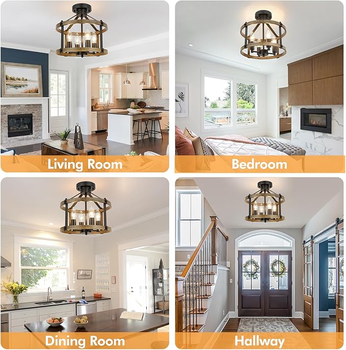 Farmhouse Semi Flush Mount Ceiling Light Fixture, 12.5 Inch 4-Light Rustic Ceiling Mount Light Fixtures, Round Brown Wood Finish Flush Mount Lights for Kitchen Bedroom Hallway Laundry Room