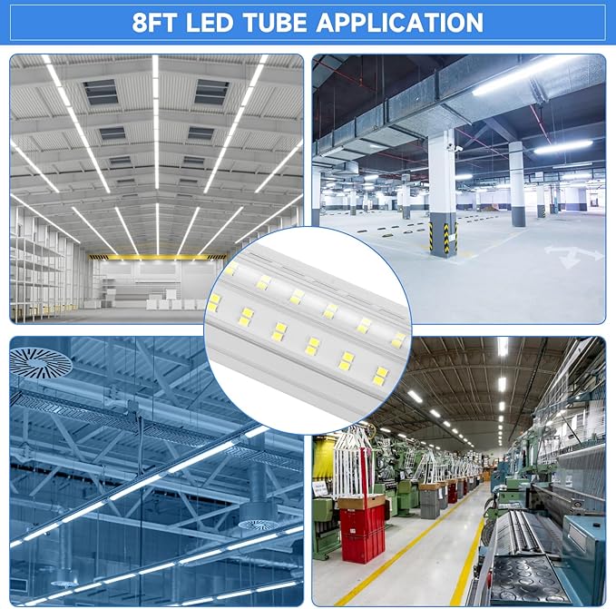 Phiwicsh 8FT U Shape 125W Integrated Tube Bright LED Light, 6500K Clear White, 20000LM - Flush Mount/Hanging Linkable LED Ceiling Lights for Garage, Plug&Play, 6 Pack