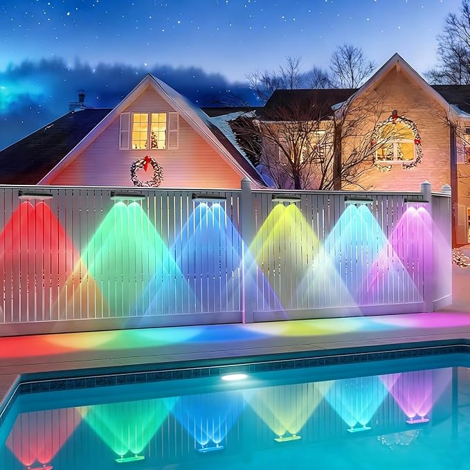 Solar Fence Lights Outdoor 11 Colors & 2 Changing Modes, 6 Pack Fence Lights Solar Powered Waterproof IP65, LED Deck Lighting 20 Hours of Runtime for Garden, Patio, Deck, Pool, Wall