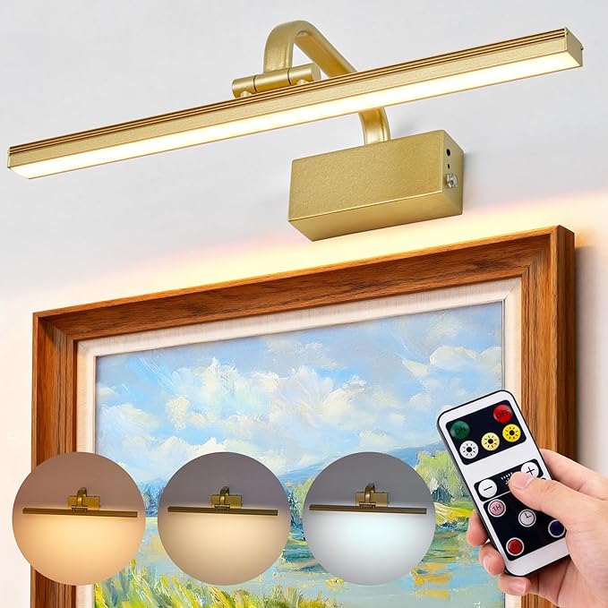 RAIFOOLLY Picture Light, 16inch Cordless Picture Lights for Wall with Timer and Dimmable, Battery Operated Metal Wall Lights for Display Gallery Painting Art Frame Portrait - Gold