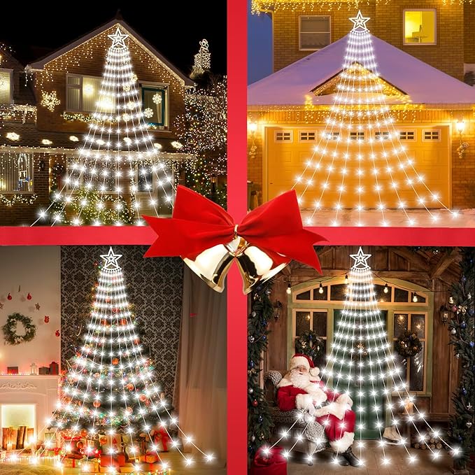 Christmas Decorations Star Lights Outdoor, 11.48ft 350 LED Waterfall Tree Lights with 8 Modes Timer Remote Plug in Christmas Lights for Indoor Yard Patio Home Holiday Party Decor, Pure White