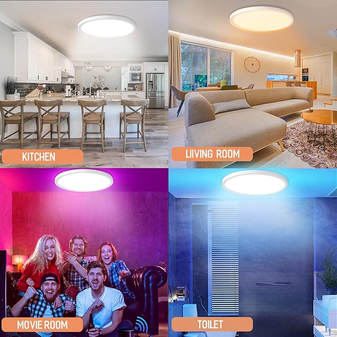MELEGAN 4 Pack Smart Led Ceiling Light Flush Mount, 12 Inch 24W Ceiling Light Fixture Dimmable 2700K-6500K, RGB Ambient Light Fixture WiFi Compatible with Alexa Google Home for Bedroom Living Room