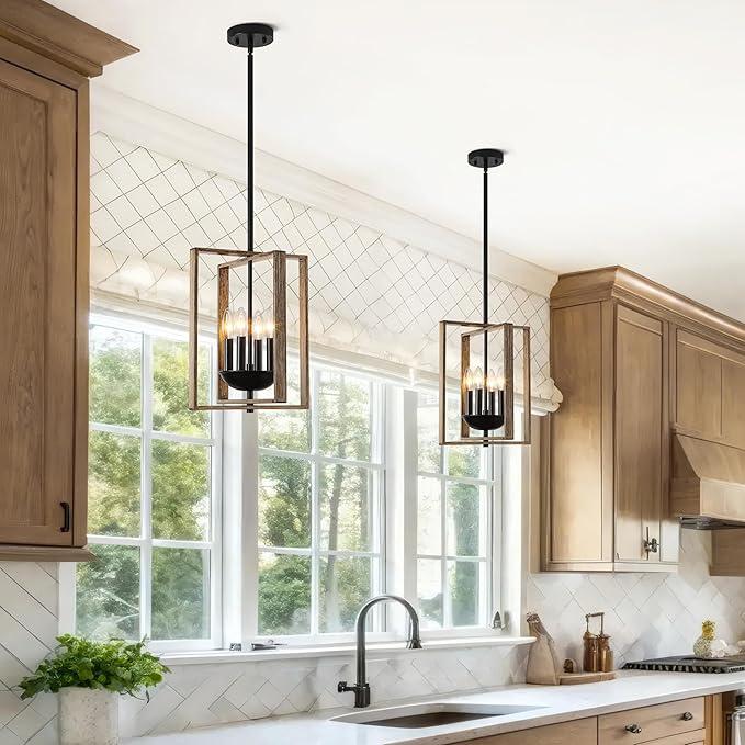 12.2" Farmhouse Chandelier, 4-Light Wood Textured Pendant Lights Kitchen Island, Rustic Hanging Light Fixture for Dining Room Kitchen Sink Foyer Hallway Bar