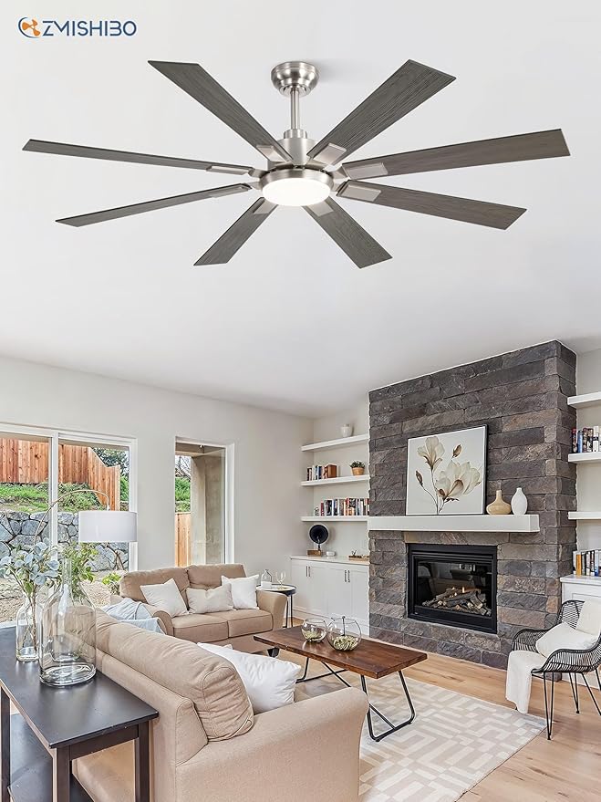 ZMISHIBO 62 inch Brushed Nickel Modern Ceiling Fan with Light and Remote, Indoor/Outdoor Industrial Ceiling Fan for Living Room Patio, 6 Speed Reversible Quiet DC Motor, 3 CCT, Dual Finish 8 Blades