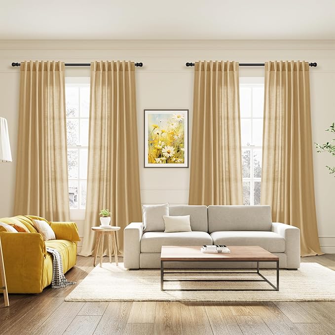 Gold Yellow Linen Curtains 108 Inches Long for Living Room 2 Panels Set Extra Long Back Tab Curtain Semi Sheer Light Filtering Gold Yellow Drapes Floor to Ceiling Curtains for Large Windows 52x108