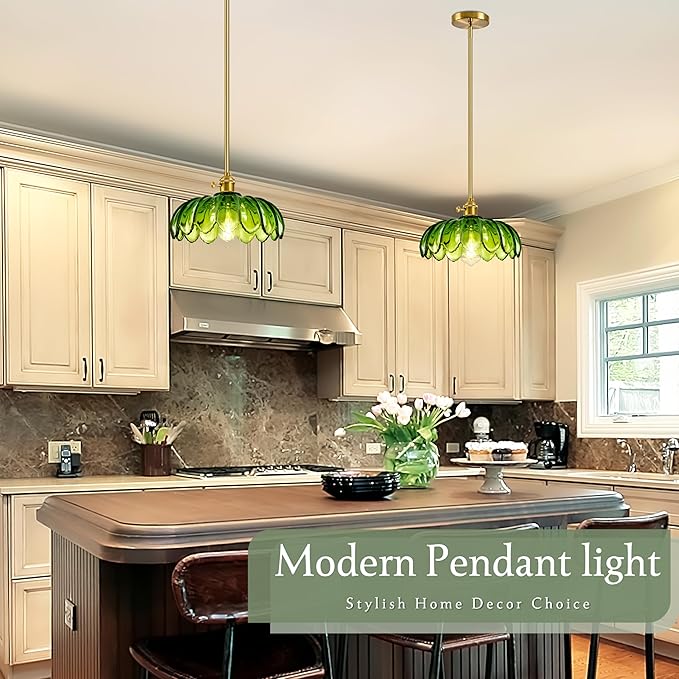 Mid Century Modern Pendant Light 2 Pack Hanging Adjustable Pendant Lights with Brushed Gold Fixture Green Flower Glass Vintage Chandelier for Kitchen Island Bedroom Dining Room(Bulb Incl.)