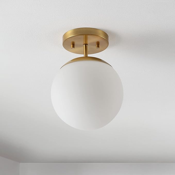 JONATHAN Y 7.75" Brass Gold Modern Semi Flush Mount Ceiling Light, LED Fixture for Entryway, White Frosted Glass Globe Shade, Mid-Century Farmhouse Lighting for Bedroom Hallway JYL7499A