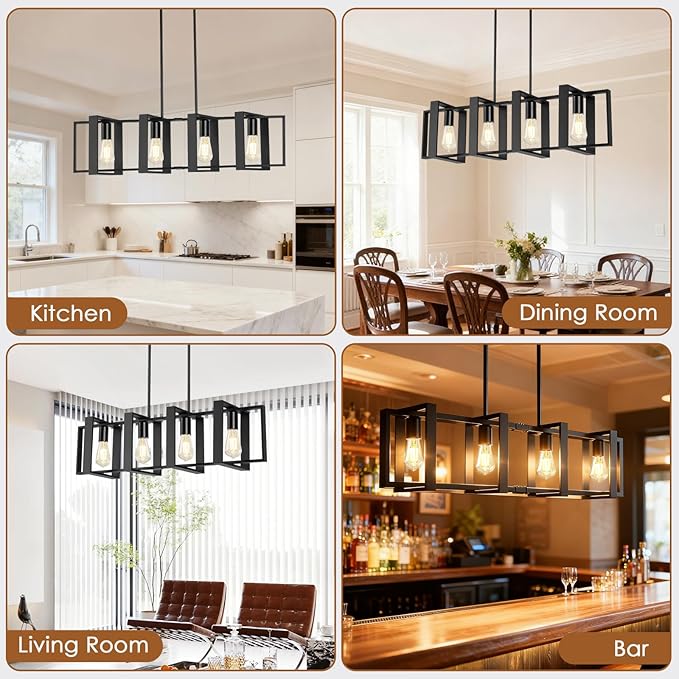 Dining Room Light Fixture, 4-Light Kitchen Island Lighting, Height Adjustable Island Lights For Kitchen, Black Linear Chandeliers For Dining Room, Metal Farmhouse Chandelier for Living Room(No Bulb)