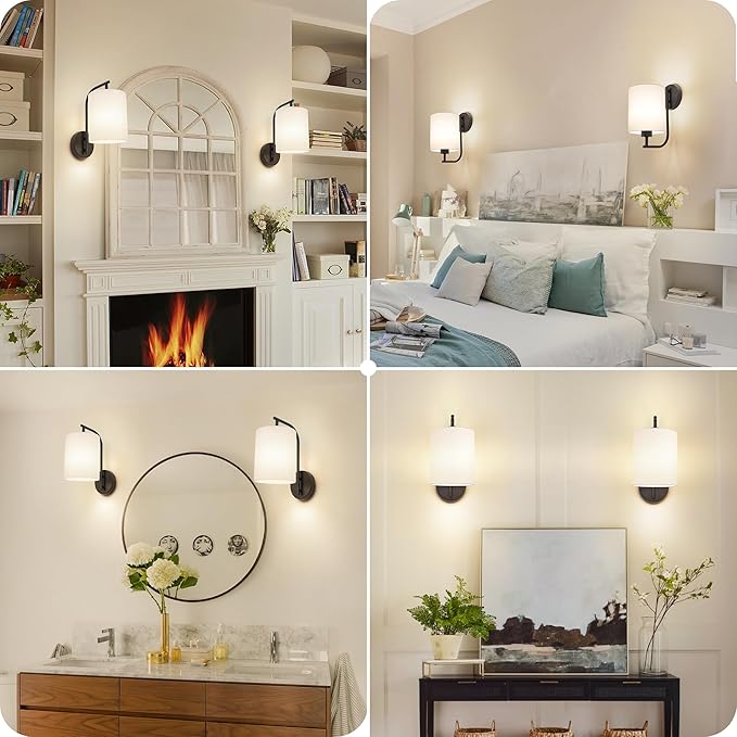 MATAMEYE Battery Operated Wall Sconce Set of 2, Black Rechargeable Dimmable Wall Light Fixture Remote, 12 RGB Colors & Timer, Wireless Lamp White Shade