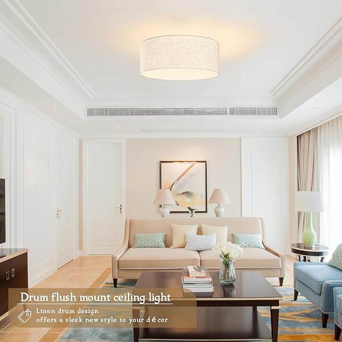 15.7 Inch Flush Mount Ceiling Light Gold Close to Lights Fixture with Fabric Shade 3-Light Drum Modern Lights for Dining Room Bedroom Hallway