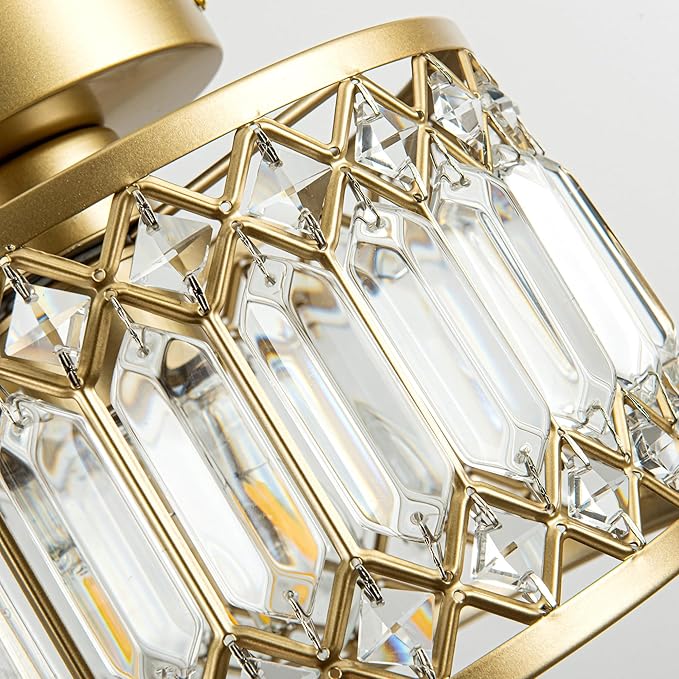 Crystal Ceiling Light, Modern Semi Flush Mount Ceiling Light, Gold Crystal Chandelier for Kitchen Bedroom Bathroom Entryway (Bulb not Included)