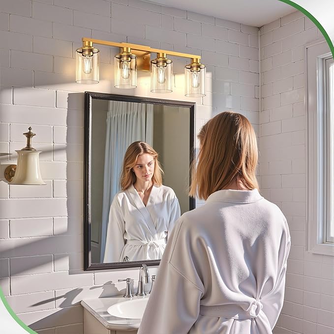 DORESshop 4-Light Vanity Light Fixtures, Gold Bathroom Light Fixtures Over Mirror with Clear Glass Shade, Modern Vanity Lights for Living Room Bedroom