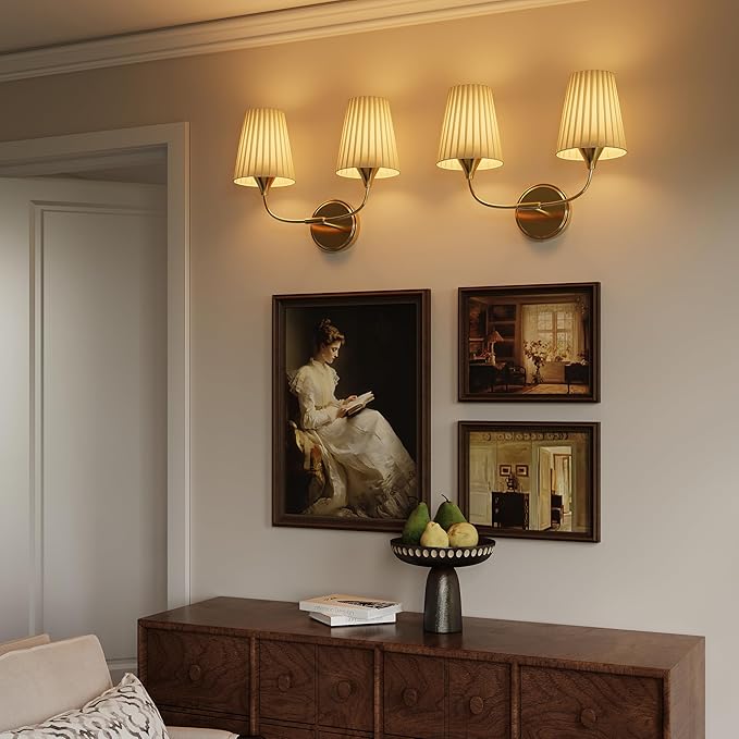 Bathroom Vanity Light with Fabric Shade, 2-Light Bathroom Vanity Light Over Mirror, Modern Light Fixtures for E26 Bulb, Flared Wall Lights for Bedroom, Hallway, Entryway, Powder Room (Gold)