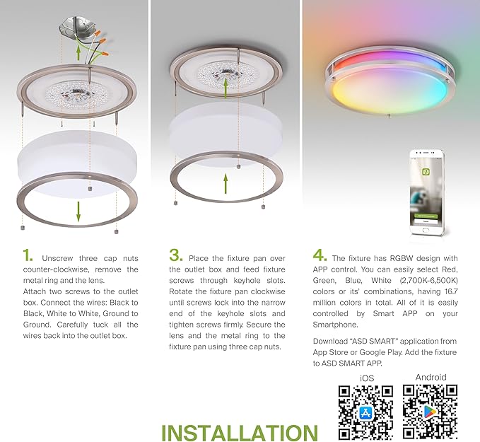 ASD LED 14" Round Flush Mount Lighting, Close to Ceiling Light Fixture | Smart, Multicolor, Dimmable, ETL Listed | 21W 1429LM RGB-2700-6500K 120V | Low Profile Double Ring Lamp | Nickel, 4 Pack