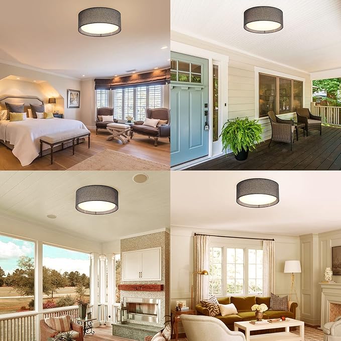 WINGBO 20" Modern 5-Light Flush Mount Ceiling Light Fixture with Fabric & Acrylic Double Drum Shade for Bedroom Living Room Dining Room Hallway Entryway, Black