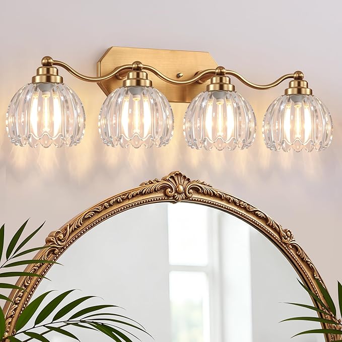 VbiTmn Gold Bathroom Light Fixtures, 4 Light Vintage Vanity Lights, Antique Brass Brushed Gold Finish, Crystal Transparent Glass Shade, Mid Century Wall Sconces for Bedroom, Living Room, Hallway