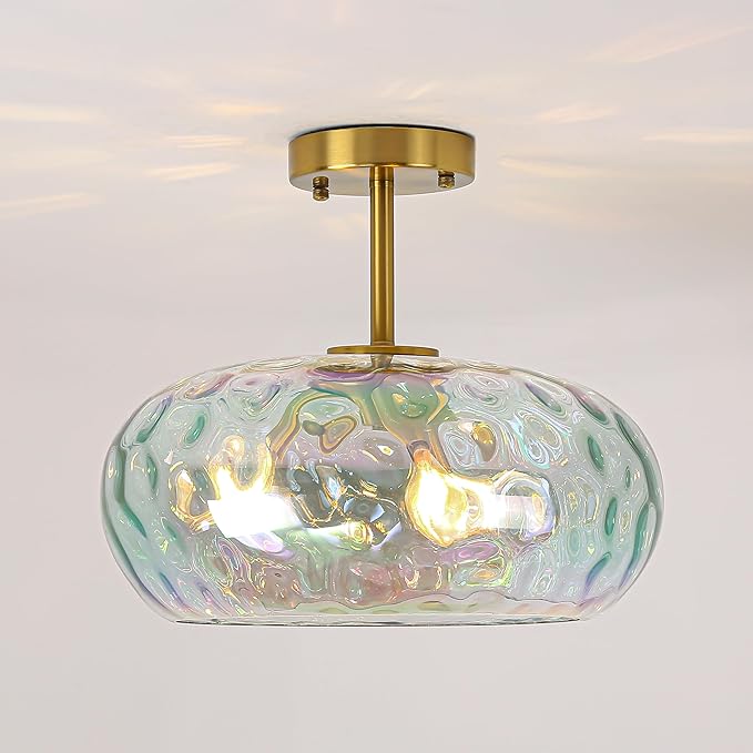 Semi Flush Mount Ceiling Light, 14" Large 3-Lights Ceiling Light Fixture with Iridescent Hammered Glass Shade, Modern Chandelier for Hallway Entryway Foyer Bedroom, Brass/Gold
