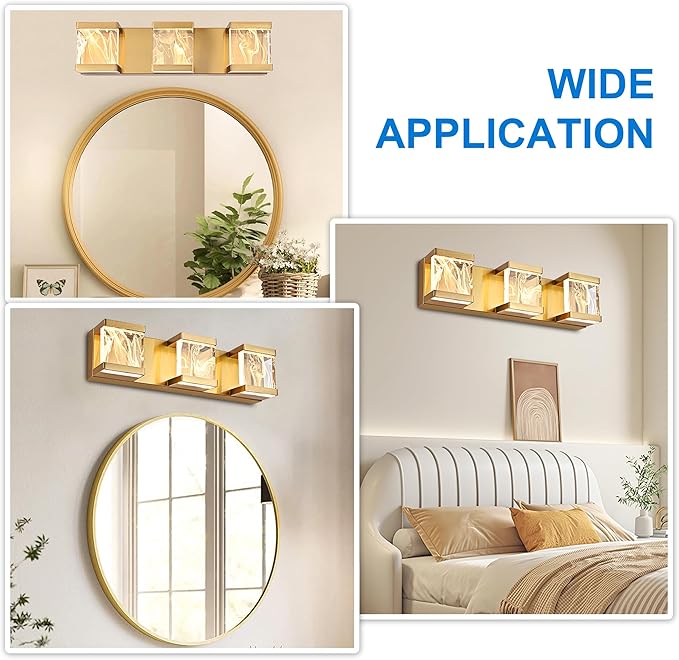 MELUCEE Modern Brass LED Vanity Lights Over Mirror 15W 3 Lights LED Bathroom Light Fixtures with Unique Smoke Acrylic Panel Bathroom Wall Sconce for Bath Powder Room, 3000K Warm Lighting