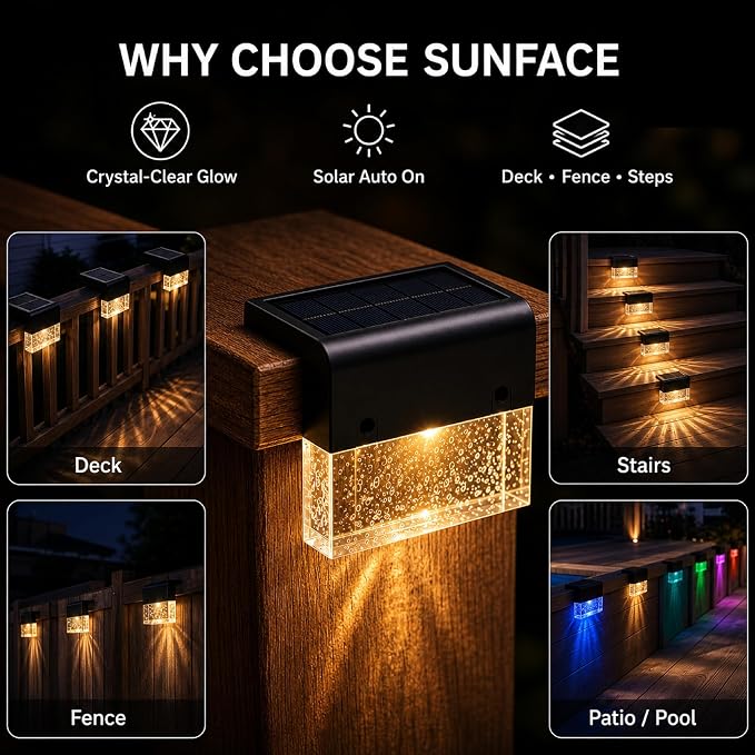 SUNFACE Solar Step Lights Outdoor 4 Pack, Solar Deck Fence Lights Waterproof, Bright LED Lights with 2 Lighting Modes Warm White & 7 Color, for Stairs Deck Patio Railing Backyard Pool