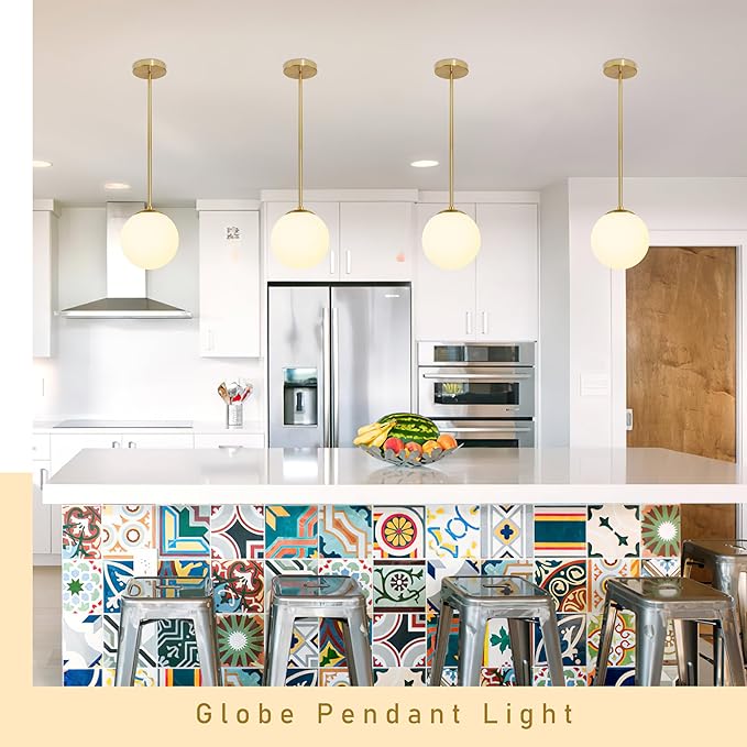 Bagood 6" Globe Pendant Light Gold Mid Century Pendant Light Globe Pendant Lights Kitchen Island Brushed Brass Finished with Milk Glass Lampshade Adjustable Ceiling Light Fixtures for Kitchen