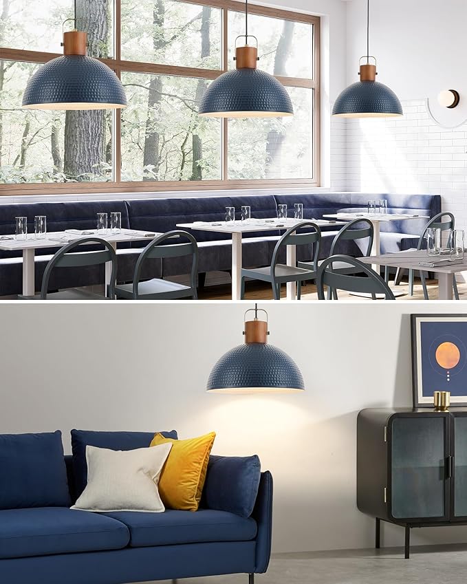 ELYONA 16” Large Ash Wood Pendant Light with Hammered Blue Metal & Brushed Brass Handle Large Pendant Light Fixtures Modern Dome Hanging Lamp for Kitchen Island, Dining Table, Bedroom, Hallway
