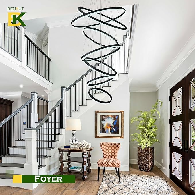 Benkut 7 Rings Modern LED Chandelier Black Dimmable Large Foyer Chandeliers Entryway High Ceiling for Staircase, High Ceiling Pendant Lights for Entryway Living Room, 3000K-6500K CCT