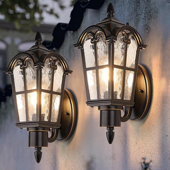 Sucolite Outdoor Wall Light Fixtures, Black & Gold Exterior Waterproof Porch Lights, Vintage Outside Wall Sconces with Water Ripple Glass for House Front Door Garage, 2 Pack