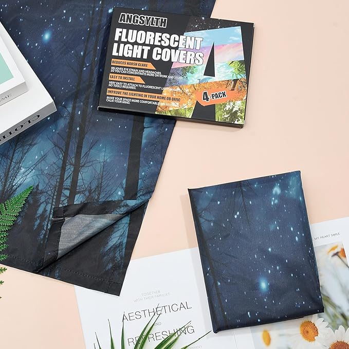 ANGSYLTH 2 x 2 Feet Fluorescent Light Covers - 4 Pcs Covers for Ceiling Lights, Magnetic Light Filters for Classroom, Office, Hospitals, Home (Forests & Starry Sky)