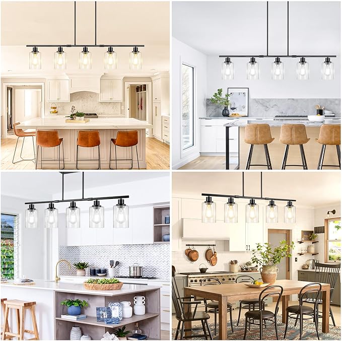 Dining Room Light Fixture Over Table, 5-Light Kitchen Island Lighting Hanging, Farmhouse Linear Chandelier for Dining Room, Matte Black Pendant Light Fixtures with Clear Glass Shade for Kitchen Island
