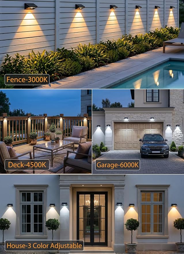 Solar Fence Lights Outdoor, 3000/4500/6000K 3 Mode 12Pack Fence Lights Solar Powered Ultra-Bright LED Lens IP65 Waterproof Solar Patio Lights for Outside,Deck/Flood/Backyard/Yard /Step/Railings/Wall