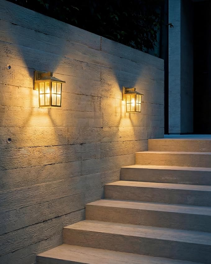 KDG Outdoor Waterproof Patio Wall Light Fixtures Set of 2, Gold E26 Socket Exterior Lanterns with Tempered Glass, Modern Wall Mounted Lamp Suitable for Home, Front Door, Garden, Garage, Porch