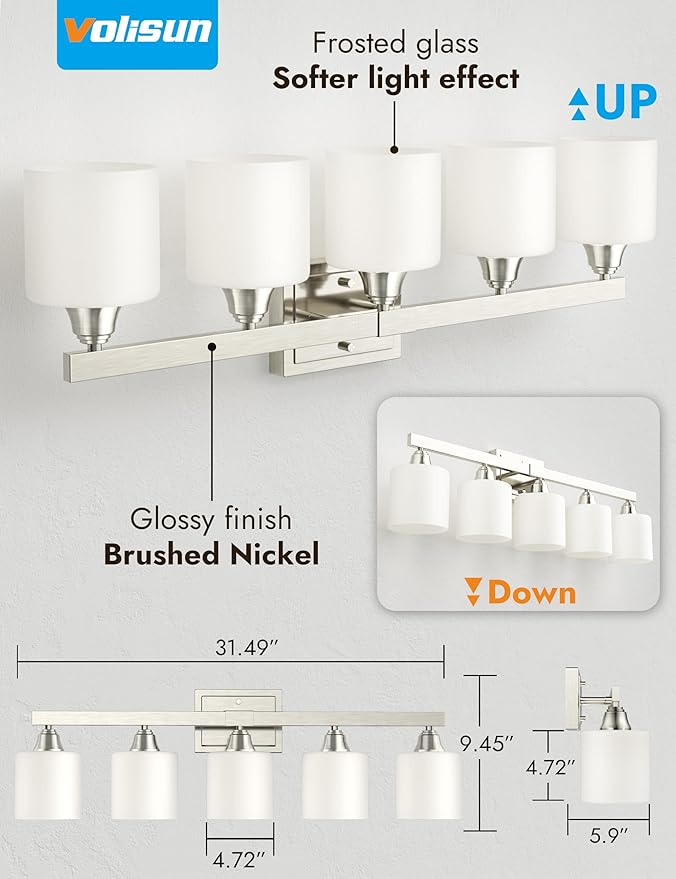 VOLISUN Brushed Nickel Bathroom Light Fixtures, 5-Light Bathroom Vanity Lights Over Mirror, Modern Vanity Light for Bathrooms, Bathrooms Lights Fixtures Over Mirror with Milky White Glass Shades