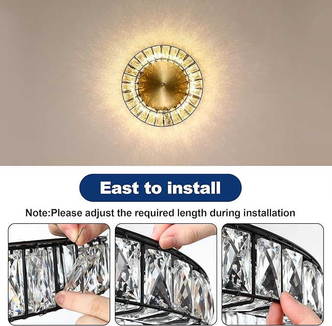 MEXO Crystal LED Flush Mount Ceiling Light Fixtures Modern Black and Gold LED Chandelier Lighting for Kitchen Closet Hallway Bedroom Foyer Laundry Room