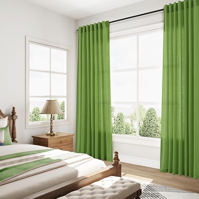 Nanspring Lime Green Linen Blend Light Filtering Back Tab Curtains 108 Inches Long, Semi Sheer Privacy Drapes for Living Room & Bedroom, 52x108 inch, 2 Panels