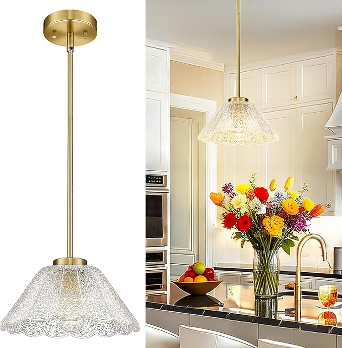 Modern Pendant Light Fixtures, HWH Pendant Lights for Island Dining Room Hallway, Bedroom, Gold Hanging Lighting with Clear Floral Glass, Brushed Gold Finish, 5HJX110MIL BG
